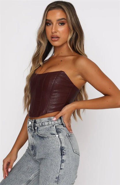 FashionSierra - 2025 PU Leather Tube Bustiers Corsets Strapless Off Shoulder Tank Vest Bodycon Slim Push Up Outwear Crop Tops