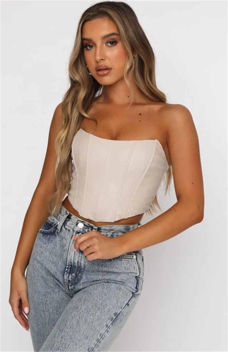 FashionSierra - 2025 PU Leather Tube Bustiers Corsets Strapless Off Shoulder Tank Vest Bodycon Slim Push Up Outwear Crop Tops