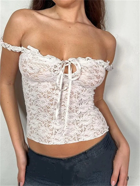 FashionSierra - 2025 Lace Floral See Through Sleeveless Camis for Women  Ruffle Strap Tie-up O-neck Slim Fit Tank Mini Vest Crop Tops