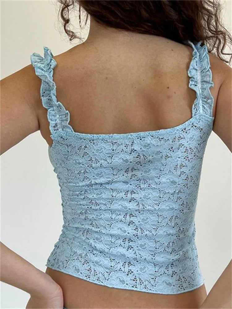 FashionSierra - 2025 Lace Floral See Through Sleeveless Camis for Women  Ruffle Strap Tie-up O-neck Slim Fit Tank Mini Vest Crop Tops