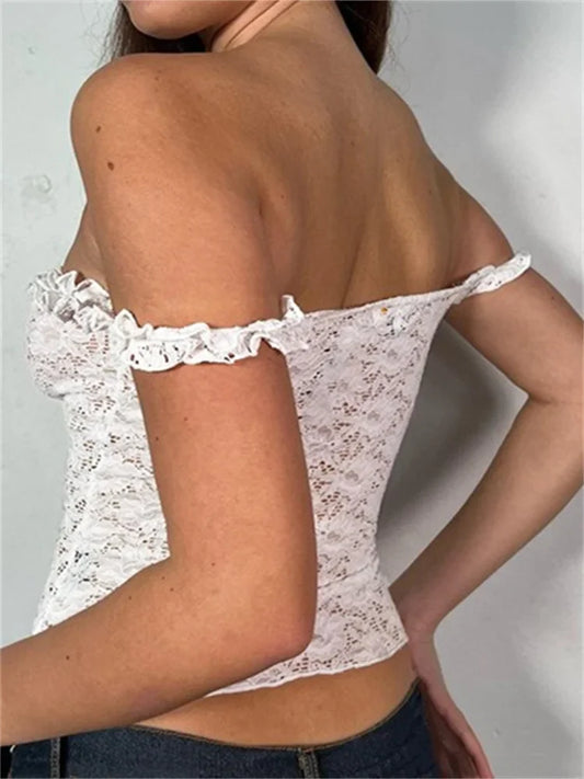 FashionSierra - 2025 Lace Floral See Through Sleeveless Camis for Women  Ruffle Strap Tie-up O-neck Slim Fit Tank Mini Vest Crop Tops