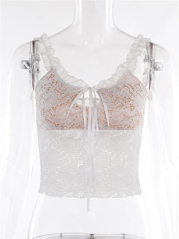 FashionSierra - 2025 Lace Floral See Through Sleeveless Camis for Women  Ruffle Strap Tie-up O-neck Slim Fit Tank Mini Vest Crop Tops