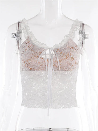 FashionSierra - 2025 Lace Floral See Through Sleeveless Camis for Women  Ruffle Strap Tie-up O-neck Slim Fit Tank Mini Vest Crop Tops