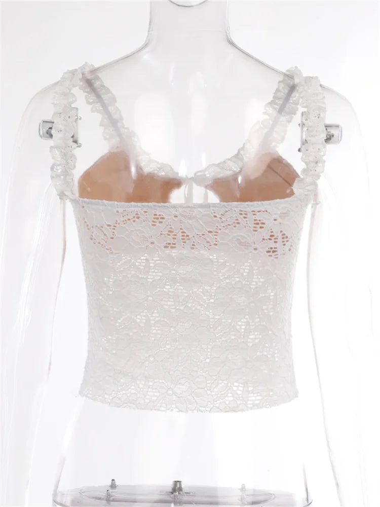 FashionSierra - 2025 Lace Floral See Through Sleeveless Camis for Women  Ruffle Strap Tie-up O-neck Slim Fit Tank Mini Vest Crop Tops