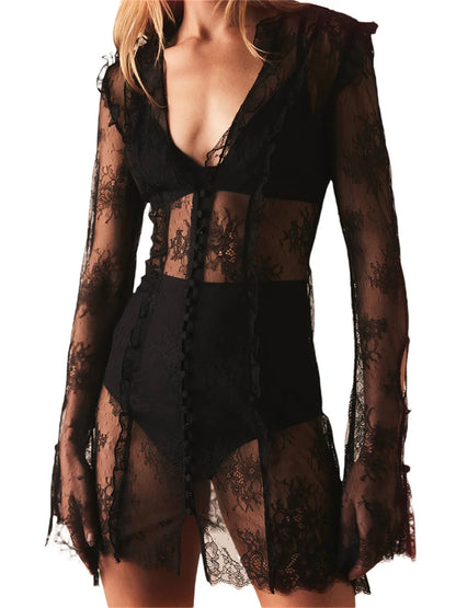 FashionSierra - Retro Long Flare Sleeve Deep V-neck Lace Mini Dress