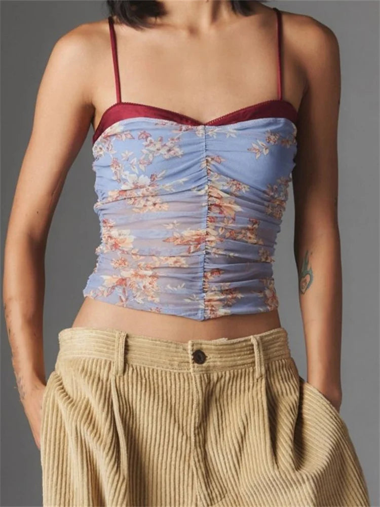 FashionSierra - 2025 Cropped Camis Summer Ruched Spaghetti Strap Leopard/Floral Print Vest Clubwear  Crop Tops