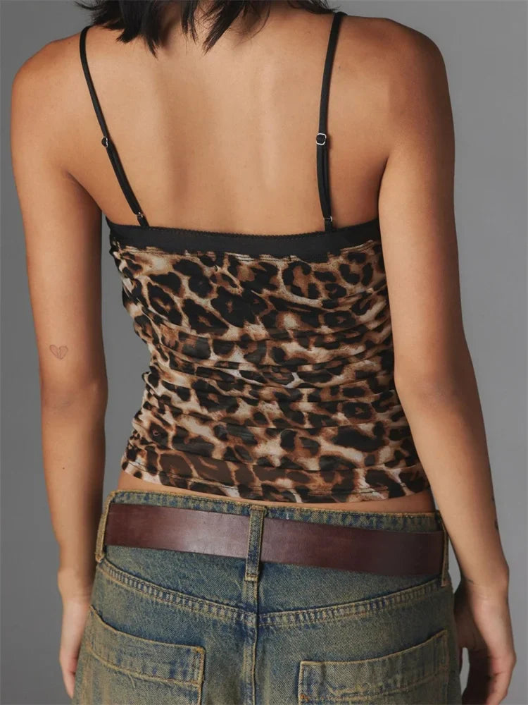 FashionSierra - 2025 Cropped Camis Summer Ruched Spaghetti Strap Leopard/Floral Print Vest Clubwear  Crop Tops