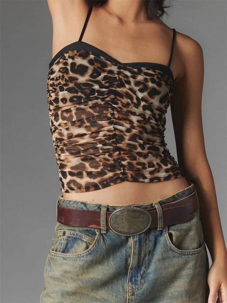 FashionSierra - 2025 Cropped Camis Summer Ruched Spaghetti Strap Leopard/Floral Print Vest Clubwear  Crop Tops