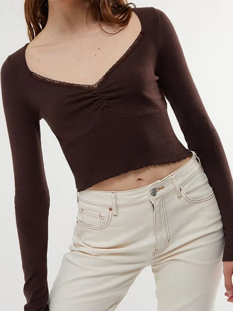 FashionSierra - Retro Front Ruched Long Sleeve Low Cut V Neck Lace Patchwork Streetwear New Tee
