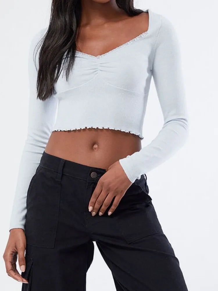 FashionSierra - Retro Front Ruched Long Sleeve Low Cut V Neck Lace Patchwork Streetwear New Tee