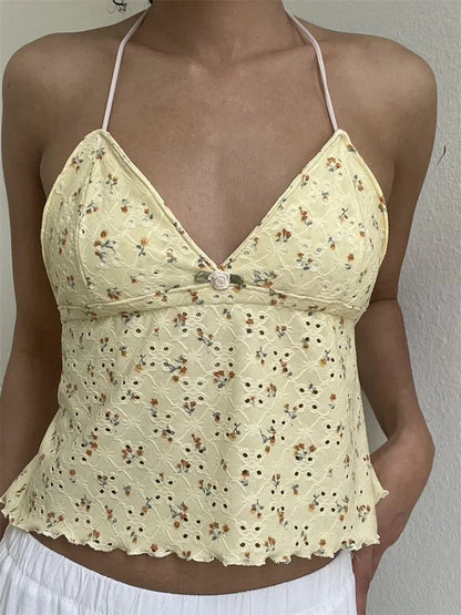 FashionSierra - 2025 Retro Lace Halter Camis Embroidery Floral Print Backless Tie-up Summer Mini Vest Crop Tops
