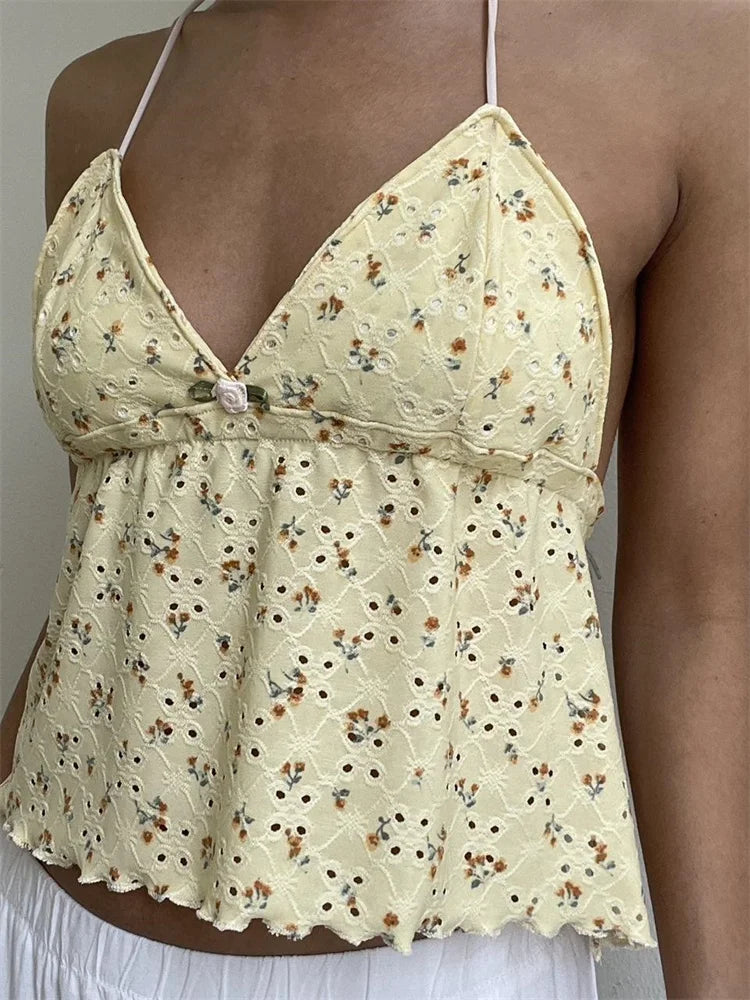 FashionSierra - 2025 Retro Lace Halter Camis Embroidery Floral Print Backless Tie-up Summer Mini Vest Crop Tops