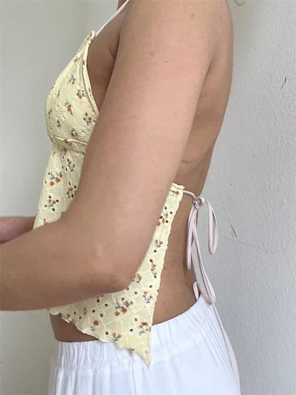 FashionSierra - 2025 Retro Lace Halter Camis Embroidery Floral Print Backless Tie-up Summer Mini Vest Crop Tops