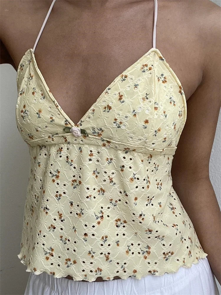 FashionSierra - 2025 Retro Lace Halter Camis Embroidery Floral Print Backless Tie-up Summer Mini Vest Crop Tops