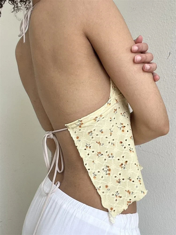 FashionSierra - 2025 Retro Lace Halter Camis Embroidery Floral Print Backless Tie-up Summer Mini Vest Crop Tops