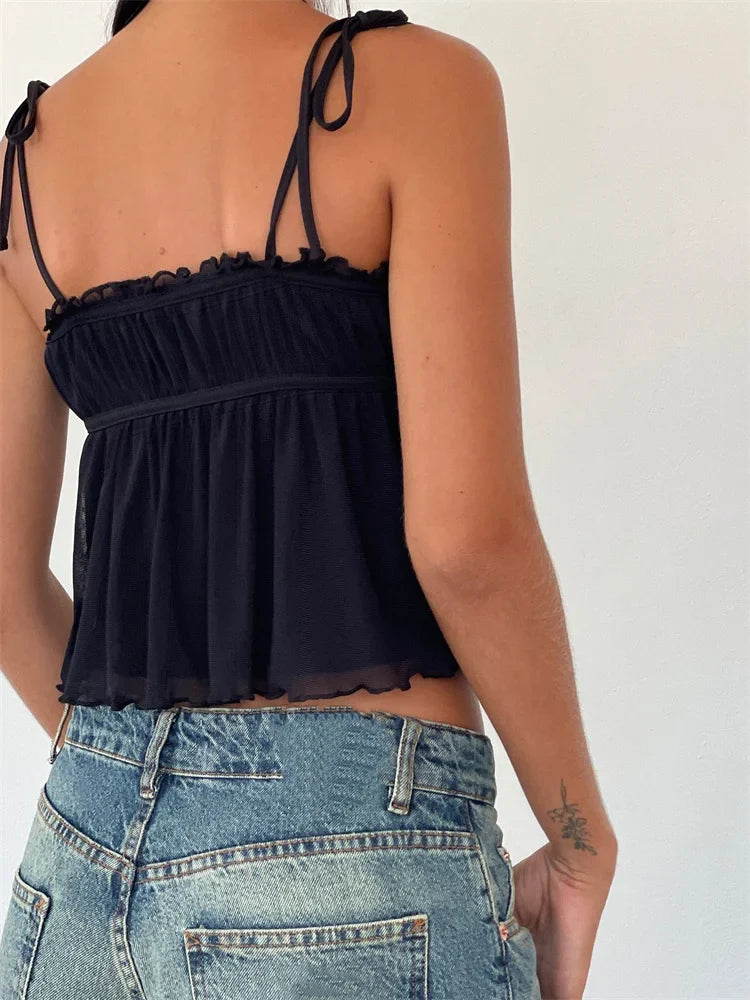 FashionSierra - 2025 Ruffles Patchwork Camis Sleeveless Tie-up Strap Tank Bow Ruched Summer Mini Vest Party Clubwear  Crop Tops