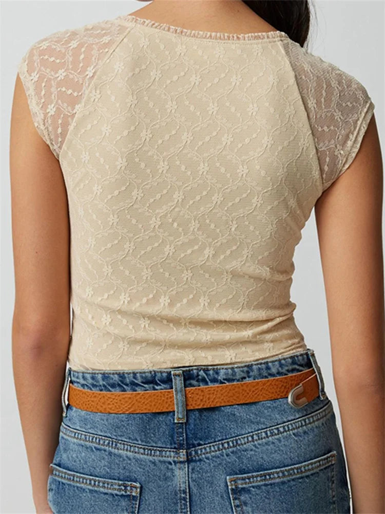FashionSierra - Retro Slim Lace Short Sleeve Deep V-Neck Front Bow Patchwork Summer Party Streetwear Tee