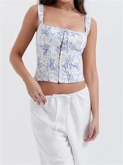 FashionSierra - 2025 Square Neck Fairy Sleeveless Strap Front Buttons Up Camis Summer Mini Vest Streetwear  Crop Tops