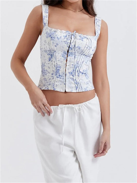 FashionSierra - 2025 Square Neck Fairy Sleeveless Strap Front Buttons Up Camis Summer Mini Vest Streetwear  Crop Tops