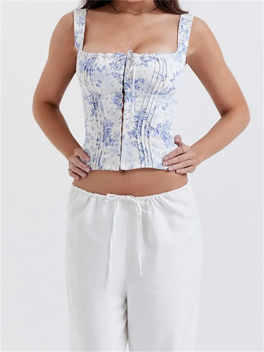 FashionSierra - 2025 Square Neck Fairy Sleeveless Strap Front Buttons Up Camis Summer Mini Vest Streetwear  Crop Tops