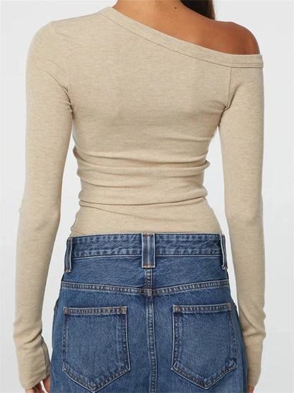 FashionSierra - Ribbed Long Sleeve Off Shoulder Sexy for Women Solid Slim Fit Buttons Up Casual Streetwear Tee