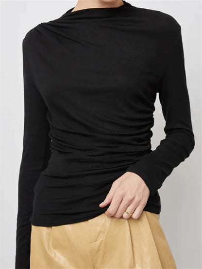FashionSierra - Round Neck Ruched Long Sleeve Casual for Women Solid Color Slim Fit Pullovers Female Basic Tee