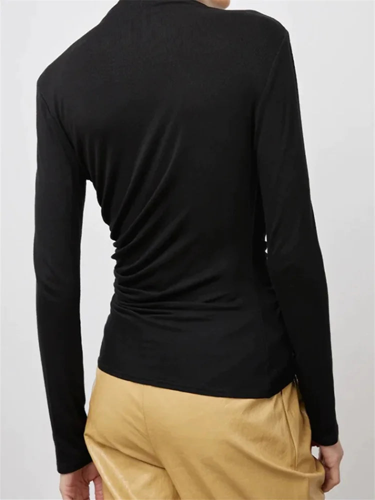 FashionSierra - Round Neck Ruched Long Sleeve Casual for Women Solid Color Slim Fit Pullovers Female Basic Tee