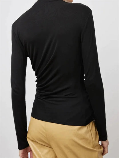 FashionSierra - Round Neck Ruched Long Sleeve Casual for Women Solid Color Slim Fit Pullovers Female Basic Tee