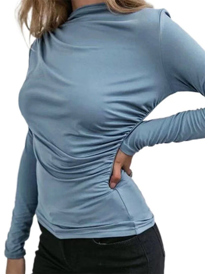 FashionSierra - Round Neck Ruched Long Sleeve Casual for Women Solid Color Slim Fit Pullovers Female Basic Tee