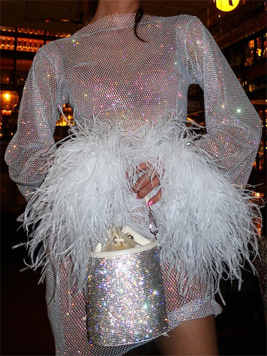 FashionSierra - Sexy Fur Feather Mesh See Through Long Sleeve Mini Dress