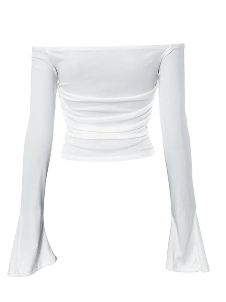 FashionSierra - Sexy Basic Solid Ruched Long Sleeve Off Shoulder Casual Pullovers Club Streetwear Tee