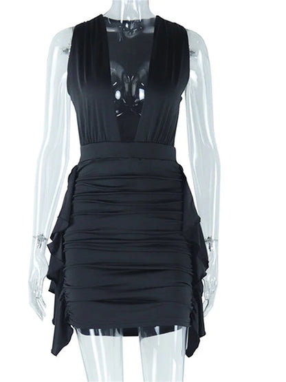 Deep V-neck Ruched Off Shoulder Mini Dresses
