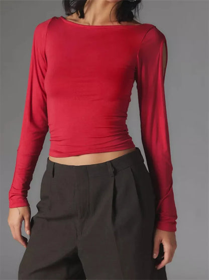 FashionSierra - Sexy Hollow Out Long Sleeve Solid Slim Fit Pullovers Causal Female Streetwear Basic Tees