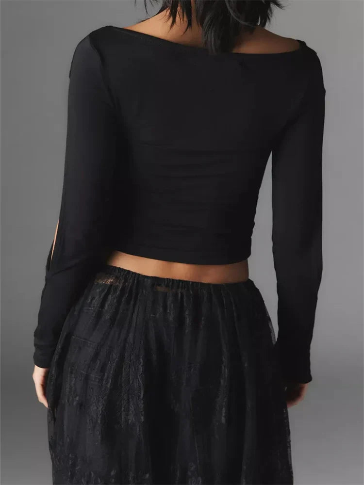 FashionSierra - Sexy Hollow Out Long Sleeve Solid Slim Fit Pullovers Causal Female Streetwear Basic Tees