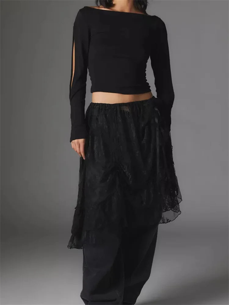 FashionSierra - Sexy Hollow Out Long Sleeve Solid Slim Fit Pullovers Causal Female Streetwear Basic Tees