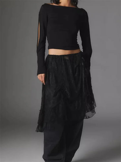 FashionSierra - Sexy Hollow Out Long Sleeve Solid Slim Fit Pullovers Causal Female Streetwear Basic Tees