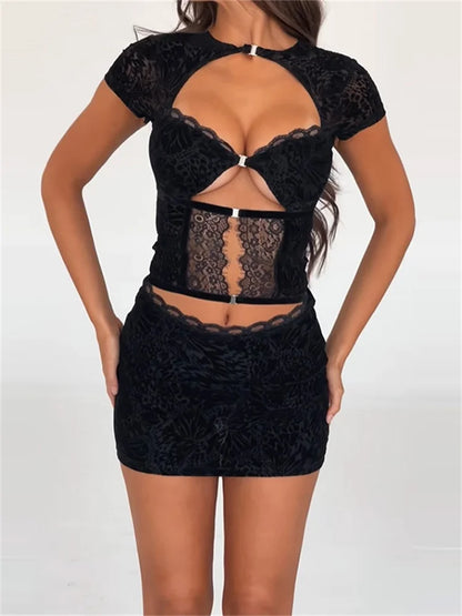 FashionSierra - Sexy Lace Flower Short Sleeve Round Neck Mini Dress