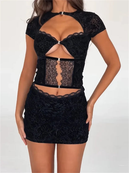 FashionSierra - Sexy Lace Flower Short Sleeve Round Neck Mini Dress