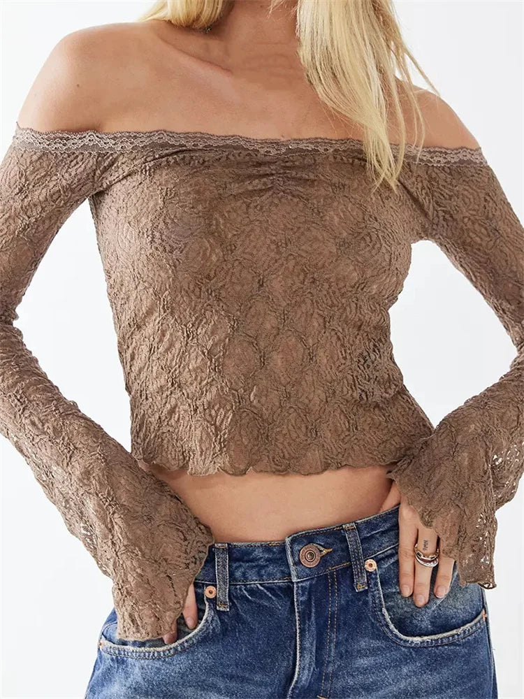 FashionSierra - Sexy Lace Flower Fairy Grunge Off Shoulder Long Sleeve See Through Mesh Slim Fit Tee