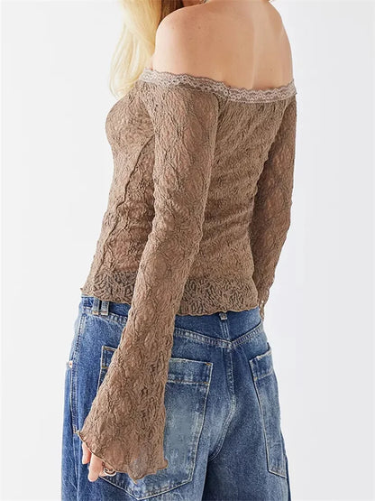 FashionSierra - Sexy Lace Flower Fairy Grunge Off Shoulder Long Sleeve See Through Mesh Slim Fit Tee