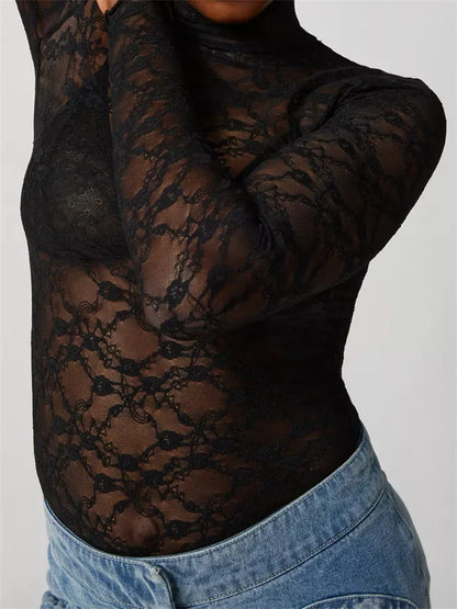 Sexy Women Lace Turtleneck Mesh See Through Fall Club Streetwear T-shirts