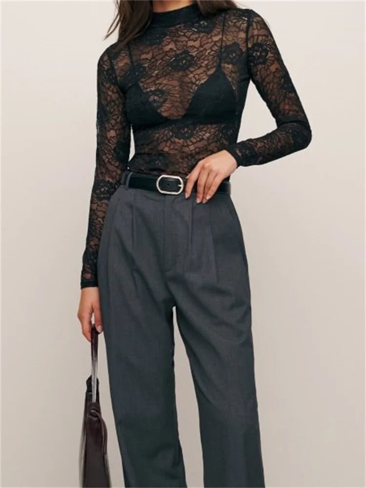 FashionSierra - Sexy Lace Slim Long Sleeve High Neck Lace Flower Embroidery See Through Hollow Out for Party Tee