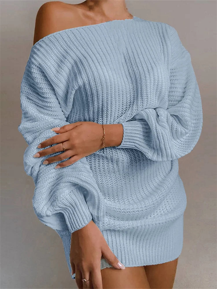FashionSierra - Sexy Off Shoulder Solid Color Long Sleeve Sweater Mini Dress
