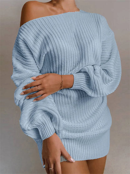 FashionSierra - Sexy Off Shoulder Solid Color Long Sleeve Sweater Mini Dress