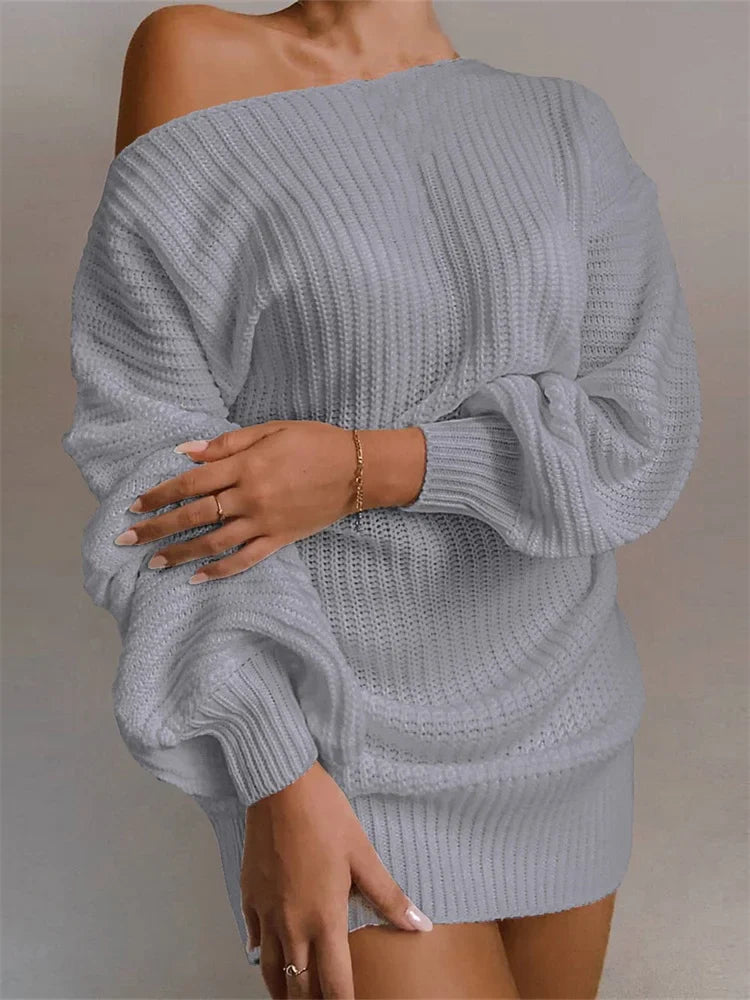 FashionSierra - Sexy Off Shoulder Solid Color Long Sleeve Sweater Mini Dress
