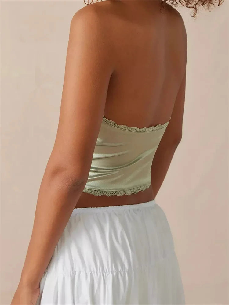 FashionSierra - 2025 Satin Halter Lace Trim Front Bowknot V-Neck Backless Party Tank  Crop Tops