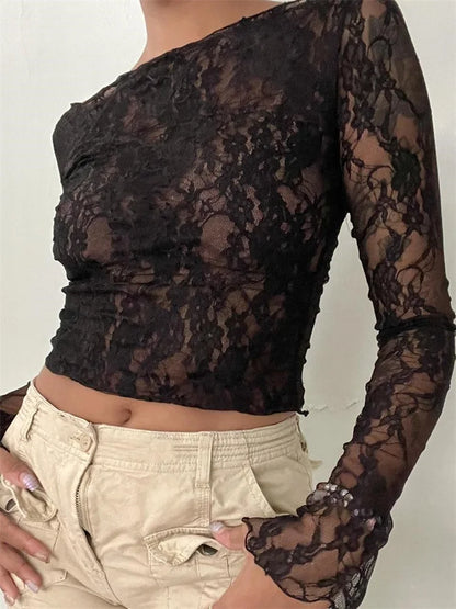 Sexy Slash Neck Off Shoulder Lace See-Through Long Sleeve Casual Pullover Club T-shirts