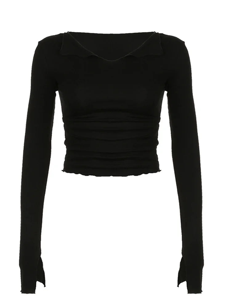 FashionSierra - Sexy Slim Fit Long Flare Sleeve Solid Color Deep V Neck Autumn Basic Streetwear Tee