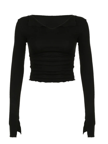 FashionSierra - Sexy Slim Fit Long Flare Sleeve Solid Color Deep V Neck Autumn Basic Streetwear Tee