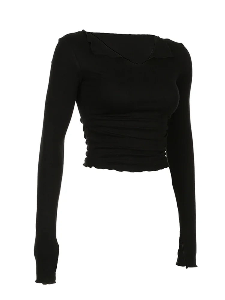 FashionSierra - Sexy Slim Fit Long Flare Sleeve Solid Color Deep V Neck Autumn Basic Streetwear Tee